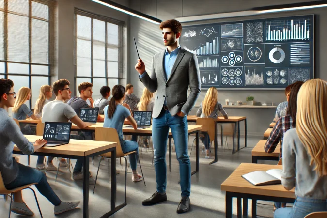 DALL·E 2024-10-13 19.54.44 - A modern classroom setting where a male teacher is standing in front of a large group of students, teaching. The teacher is smartly dressed in a grey