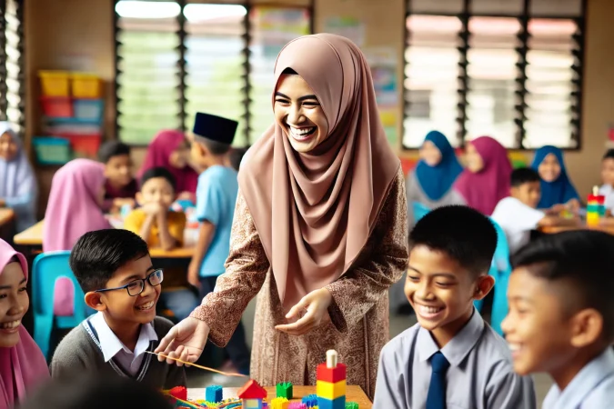 DALL·E 2024-10-15 09.53.38 - A Malay teacher, aged 26, wearing a tudung, happily teaching fun activities to her students. The scene shows her interacting joyfully with a group of