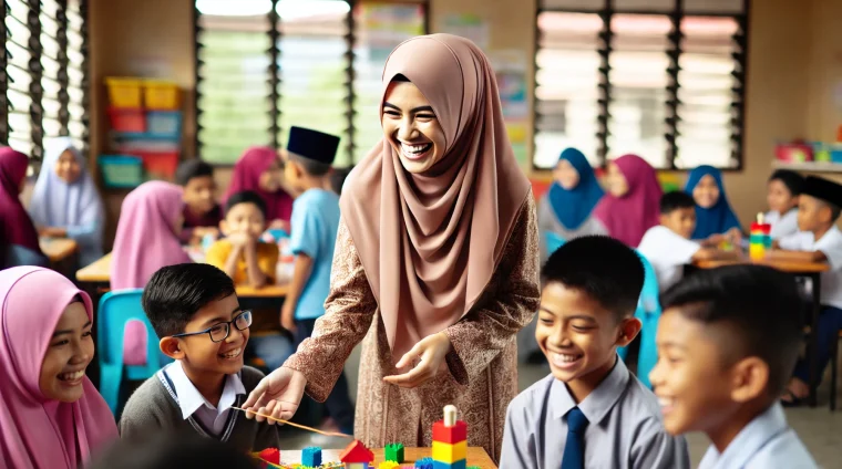 DALL·E 2024-10-15 09.53.38 - A Malay teacher, aged 26, wearing a tudung, happily teaching fun activities to her students. The scene shows her interacting joyfully with a group of