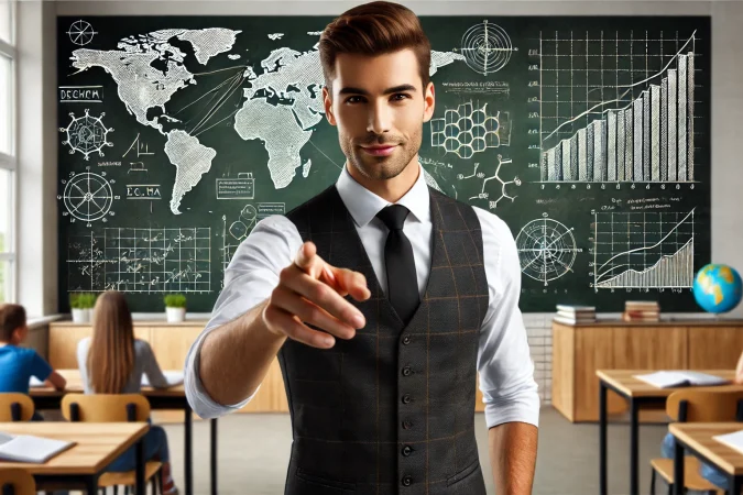 DALL·E 2024-11-24 07.30.01 - A confident, young male teacher in a modern classroom setting, wearing a formal vest and tie. The background features a chalkboard with detailed graph