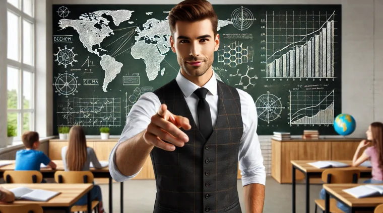 DALL·E 2024-11-24 07.30.01 - A confident, young male teacher in a modern classroom setting, wearing a formal vest and tie. The background features a chalkboard with detailed graph